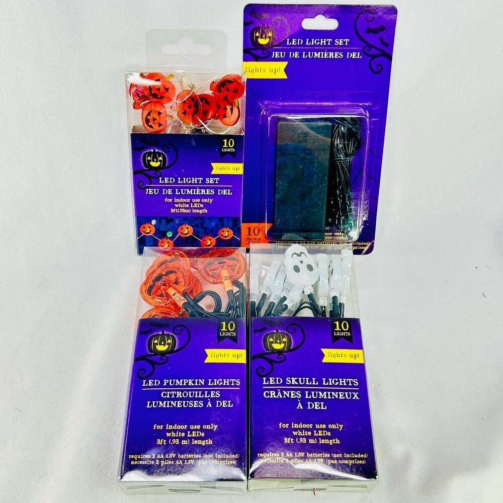 Halloween Led 10 Light Strings Lot of 4 - Lg & Sm Pumpkins Skulls Orange Lights